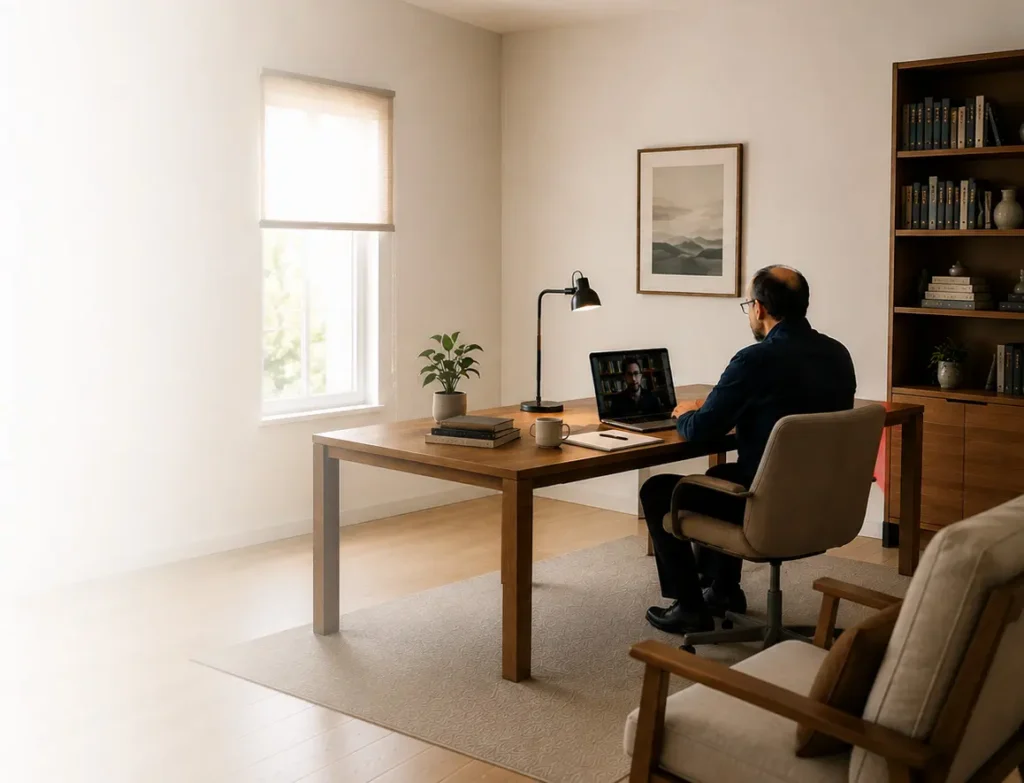 Sesión de consultoría online por videollamada desde un despacho