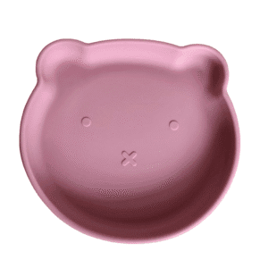 Plato de silicona infantil en forma de oso color rosa claro con base de succión.