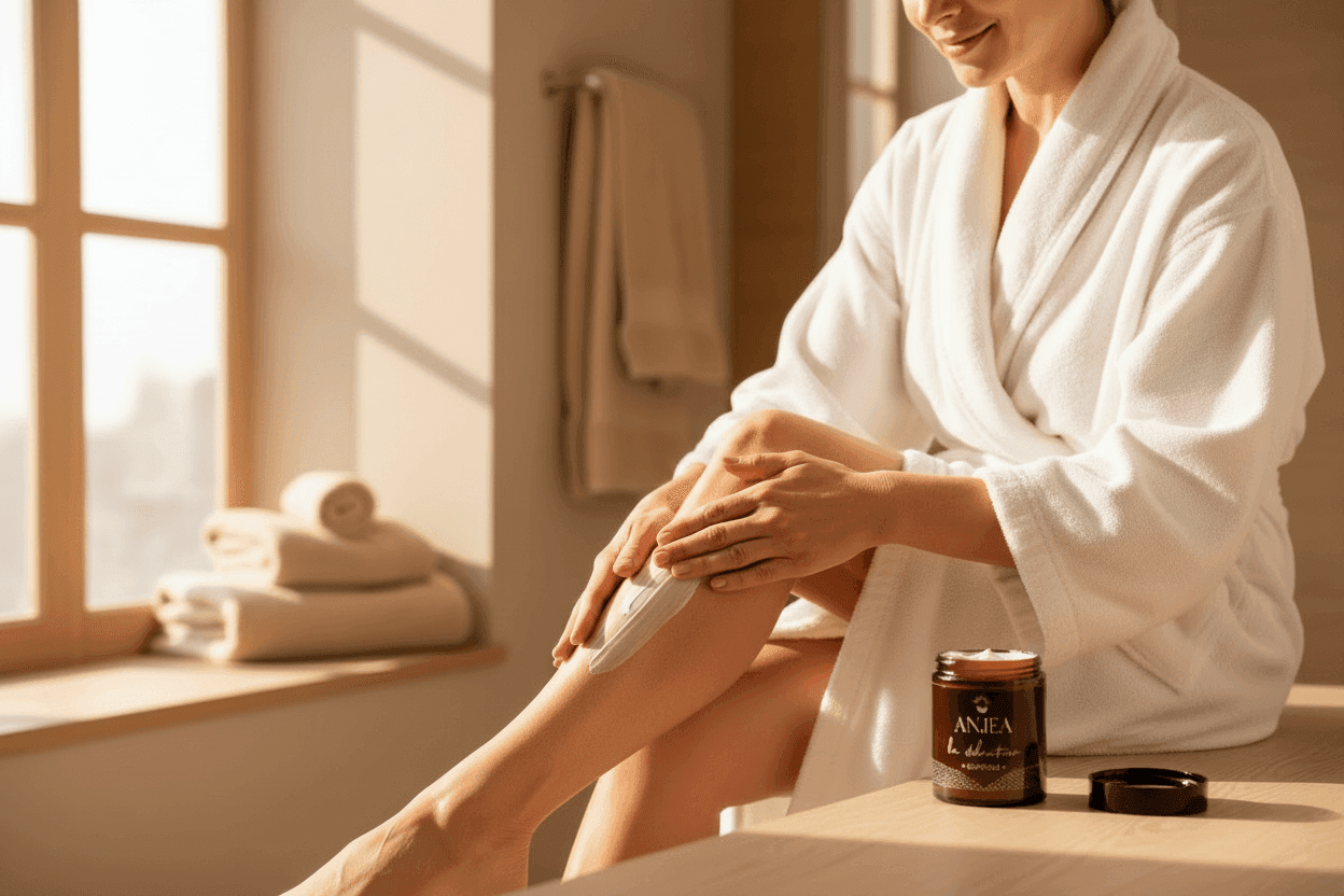 mujer en albornoz poniendose crema en las piernas